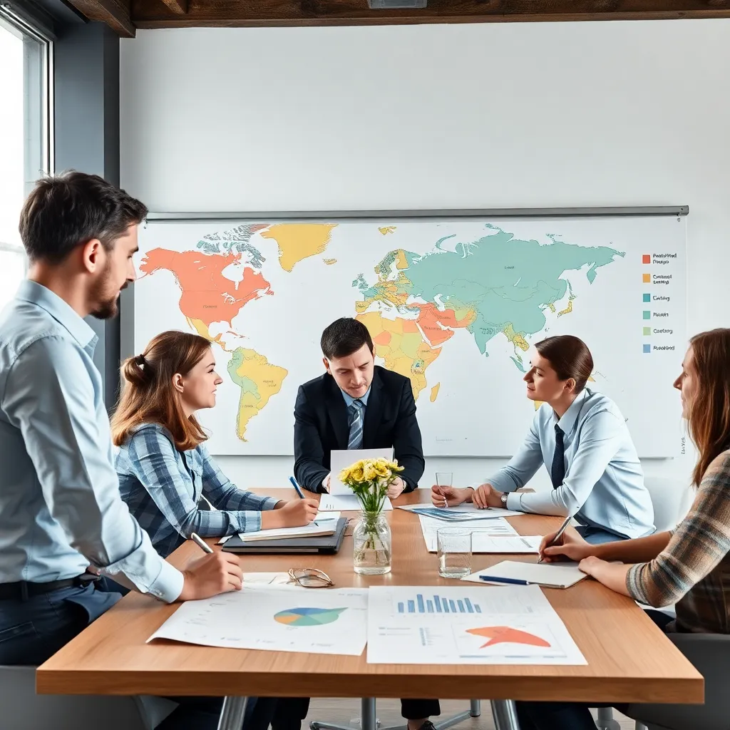 Strategische planning sessie met internationale kaarten en grafieken